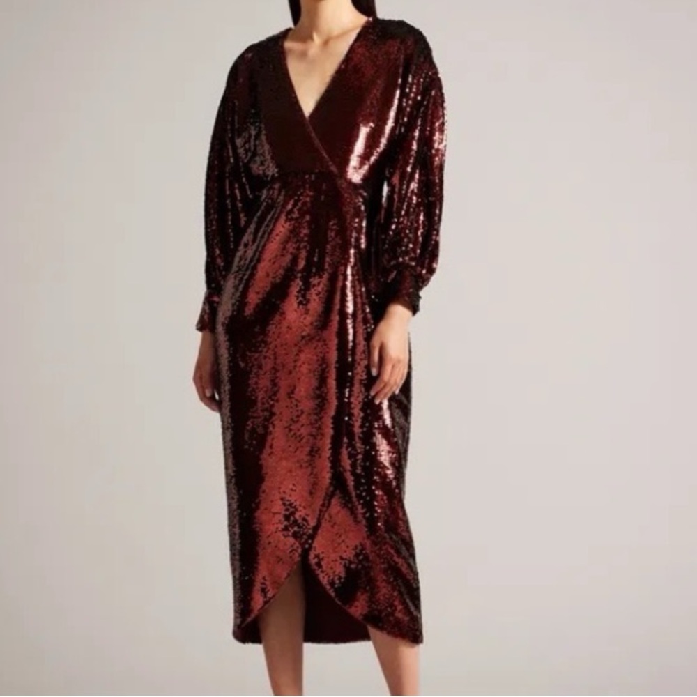 Ted Baker Awesome!!!! Burgundy Sequin Long Sleeve Dress, Small. NWOT fits 2-4 - Picture 1 of 9